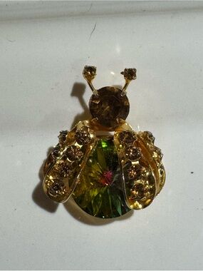 Vintage Albert Weiss Watermelon Rivoli Ladybug Brooch